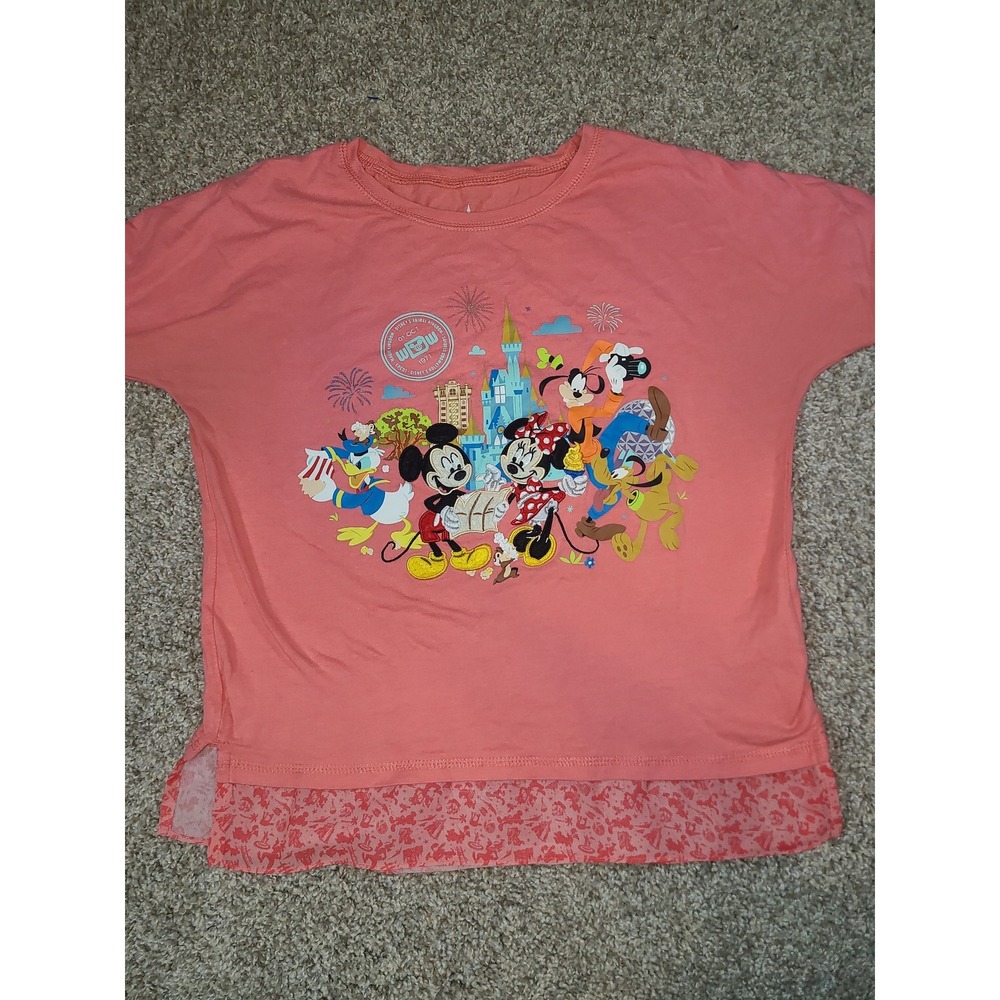 Disney Parks Coral Mickey & Friends EMBROIDERED/Screen CASTLE Shirt Girl Sz XL